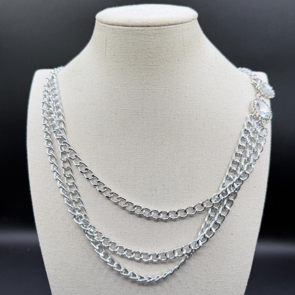 Silver Tone Multi Strand Chain Necklace Clear Rivoli Crystal Statement Jewelry